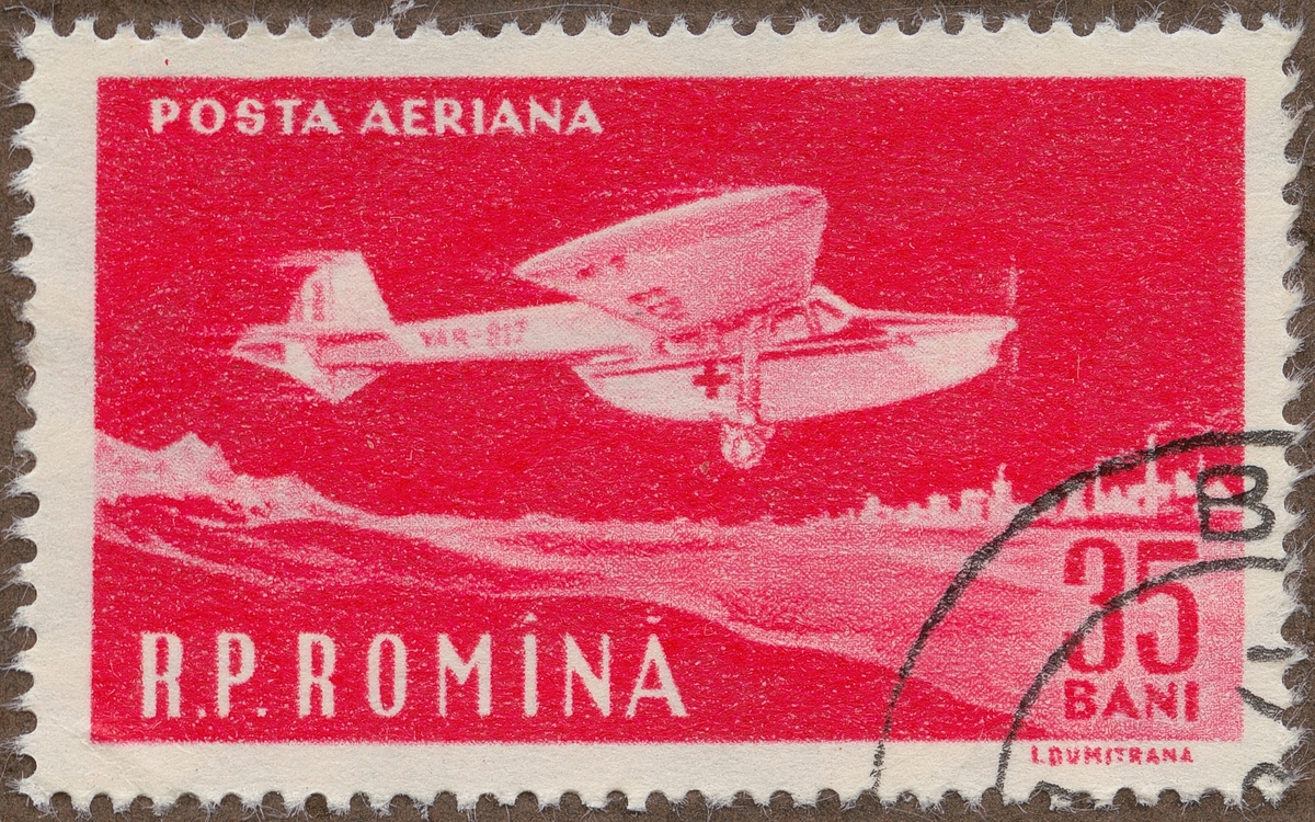 Frimärke ur Gösta Bodmans filatelistiska motivsamling, påbörjad 1950.
Frimärke från Rumänien, 1960. Motiv av Ambulans-Flygplan "Flygpost märke Flygets Dag och 50-årsjubileum av första rumänska flyget: 1910-1960."