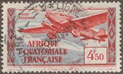 Frimärke med motiv av tremotorigt monoplan över Stanley Pool