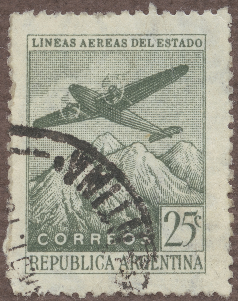 Frimärke ur Gösta Bodmans filatelistiska motivsamling, påbörjad 1950.
Frimärke från Argentina, 1946. Motiv av Tvåmotorigt monoplan över Anderna.