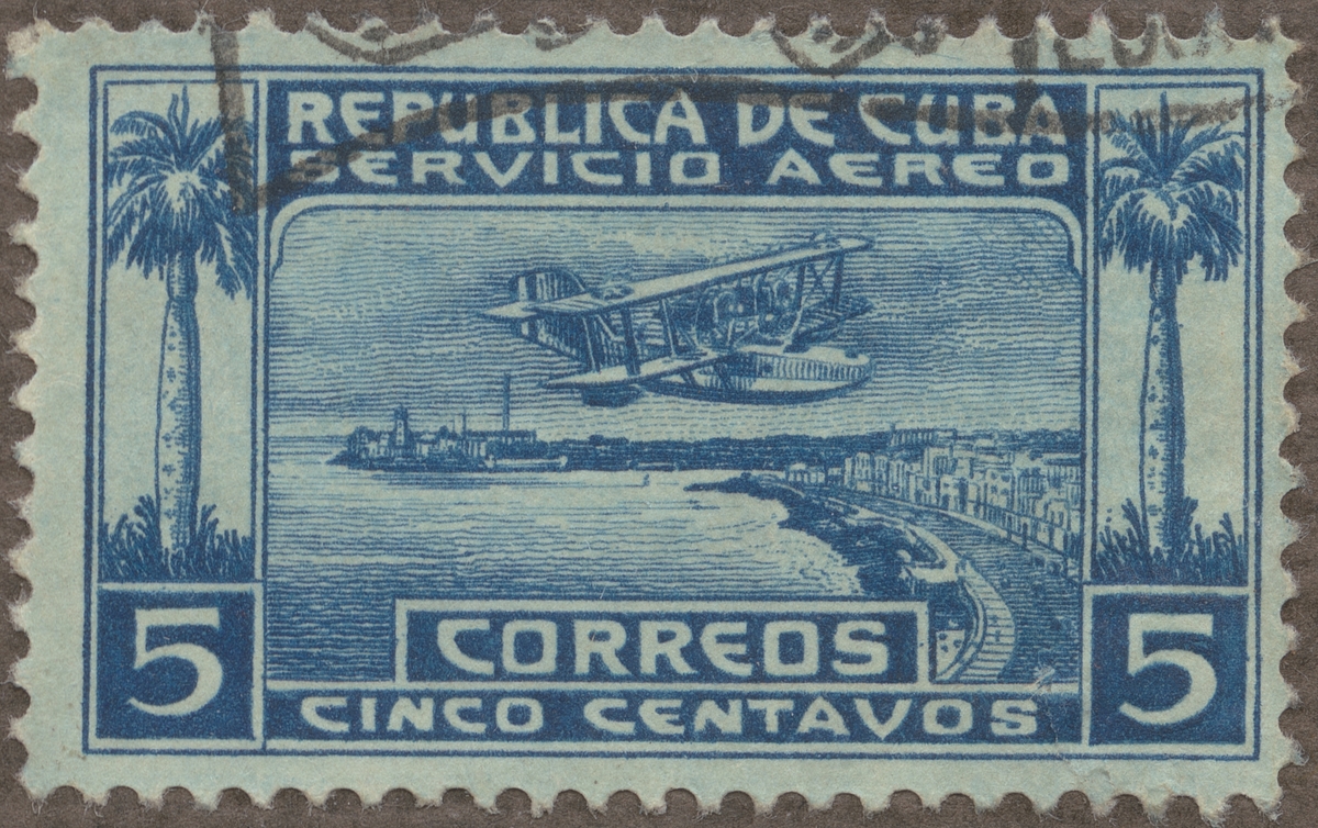 Frimärke ur Gösta Bodmans filatelistiska motivsamling, påbörjad 1950.
Frimärke från Cuba, 1927. Motiv av Hydroplan, tvådäckare över Havanas hamn