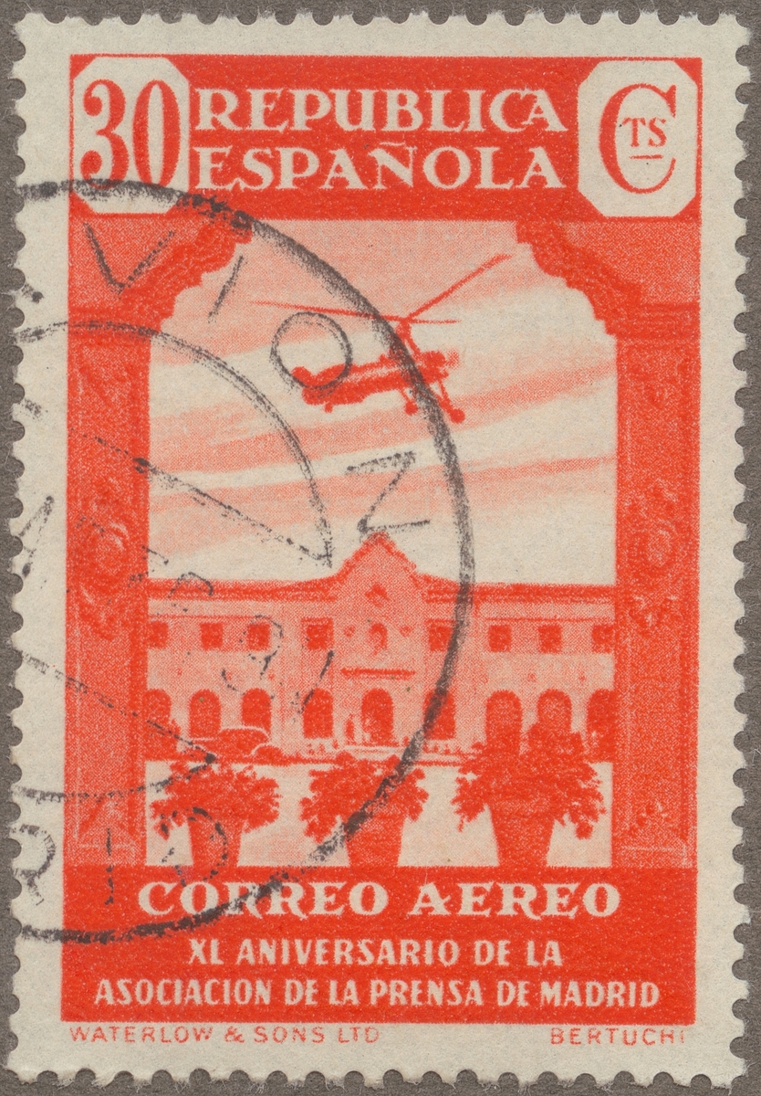 Frimärke ur Gösta Bodmans filatelistiska motivsamling, påbörjad 1950.
Frimärke från Spanien, 1936. Motiv av Autogiro över "Nasaret Hus" i Madrid "-Madrid Press Förening 40 år: 1896-1936"