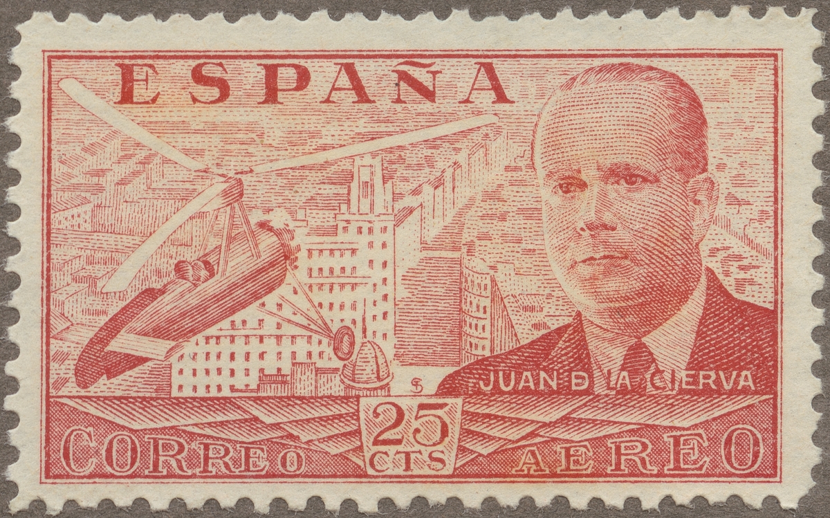 Frimärke ur Gösta Bodmans filatelistiska motivsamling, påbörjad 1950.
Frimärke från Spanien, 1939. Motiv av Juan de la Cierva: 1895-1936. Spansk flygare. Konstruktör av den första praktiskt användbara autogiron. En autogiro år 1939 synes på märket.