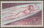 Frimärke ur Gösta Bodmans filatelistiska motivsamling, påbörjad 1950.
Frimärke från Tjeckoslovakiet, 1961. Motiv av Astronauten viktlös i rymden 