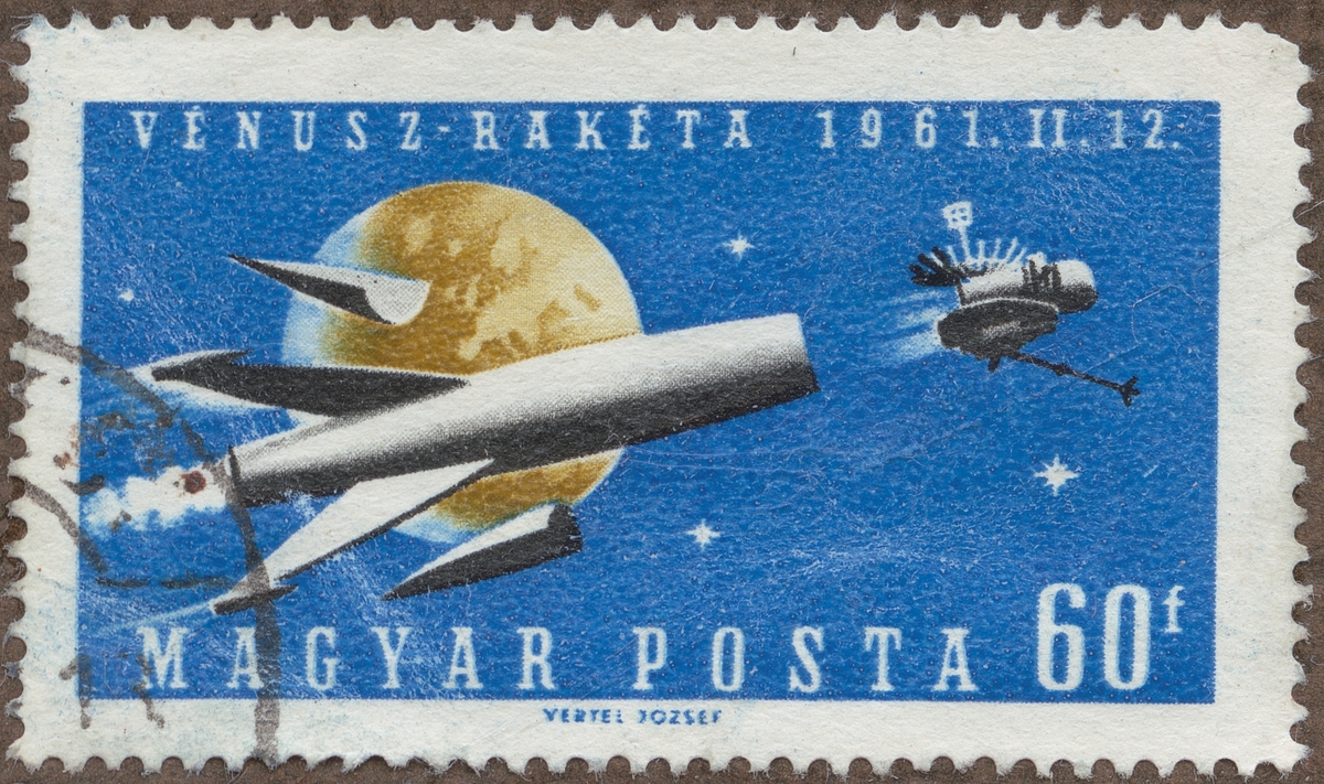 Frimärke ur Gösta Bodmans filatelistiska motivsamling, påbörjad 1950.
Frimärke från Ungern, 1961. Motiv av Venus raketen: rymdkapseln frigör sig från raketen. 11.12.1961- "-Venus satellit serie:-"