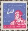 Frimärke ur Gösta Bodmans filatelistiska motivsamling, påbörjad 1950.
Frimärke från Paraguay, 1962. Motiv av Första amerikanska kosmonaut: Alan B. Shepard: 5 maj 1961