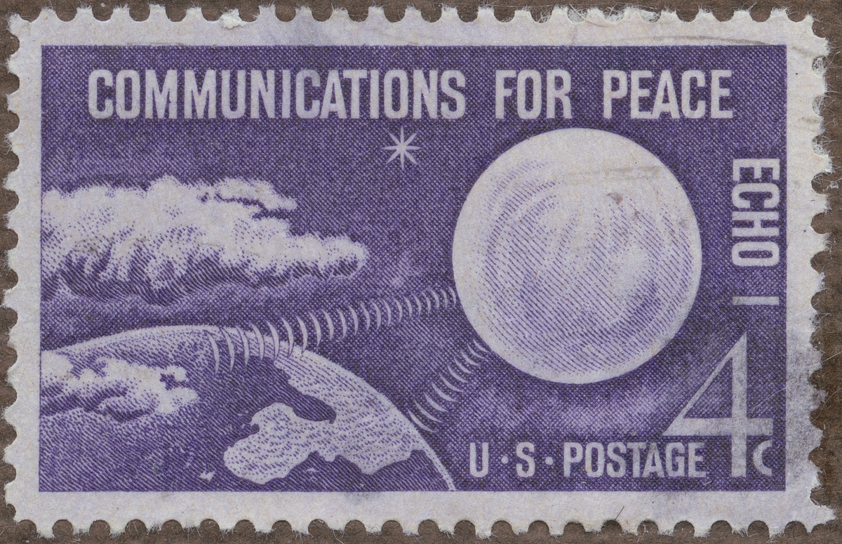 Frimärke ur Gösta Bodmans filatelistiska motivsamling, påbörjad 1950.
Frimärke från USA, 1960. Motiv av "Communications for Peace"