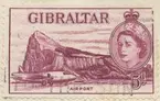 Frimärke ur Gösta Bodmans filatelistiska motivsamling, påbörjad 1950.
Frimärke från Gibraltar, 1953. Motiv av Flygplatsen Gibraltar -Drottning Elisabeth II-