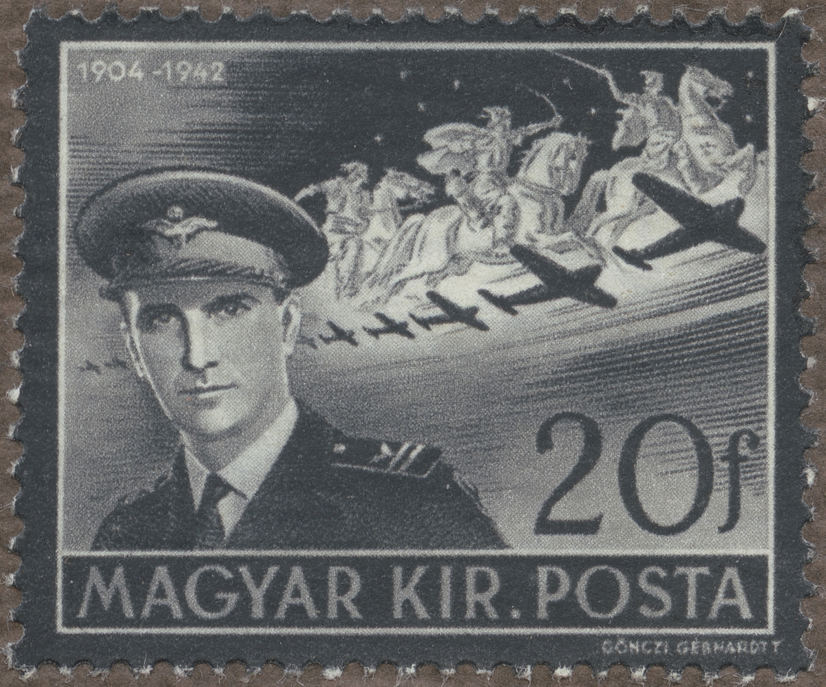 Frimärke ur Gösta Bodmans filatelistiska motivsamling, påbörjad 1950.
Frimärke från Ungern, 1942. Motiv av Flygaren Istvan x Horthy: f. 1904, son av viceregenten, amiral Miklós Horthy (1968-1957). Horthy, Jr. stupade 1942 under världskrig II. x=Stefan - I bakgrunden en eskader av monoplan- -Sörgemärke-