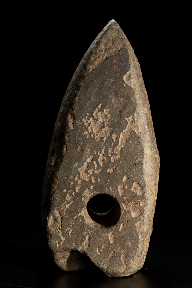 Ett ovanligt stort och klumpigt exemplar. Delvis slipad. Nacken slutar tvärt. Vittrad.