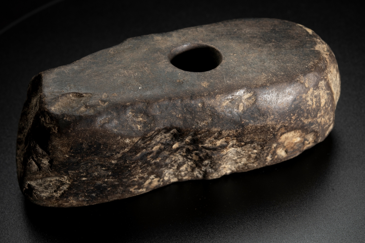 Skafthålsyxa av bergart.