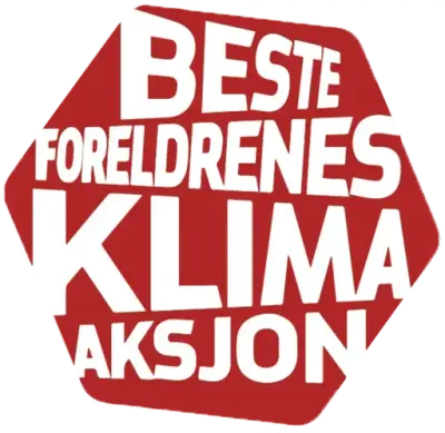 Logo for Besteforeldrenes klimaaksjon, sekskantet, rød form med organisasjonens navn på.
