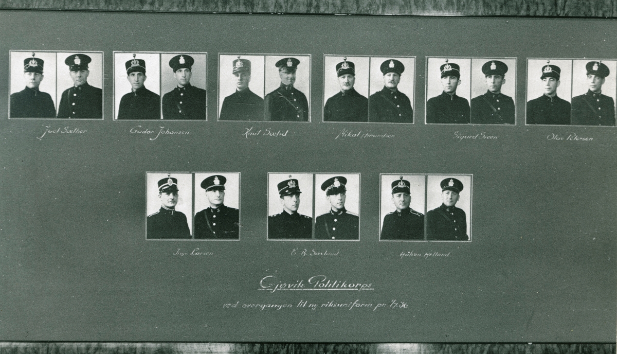 Politikorpset i Gjøvik fotografert ved overgangen til rikspolitiuniformen i 1936.