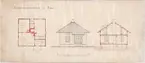 Kolorerad arkitektritning av Hugo Hammarskjöld. Projekt: Trädgårdsmästarebostad Tuna gård. År 1915.