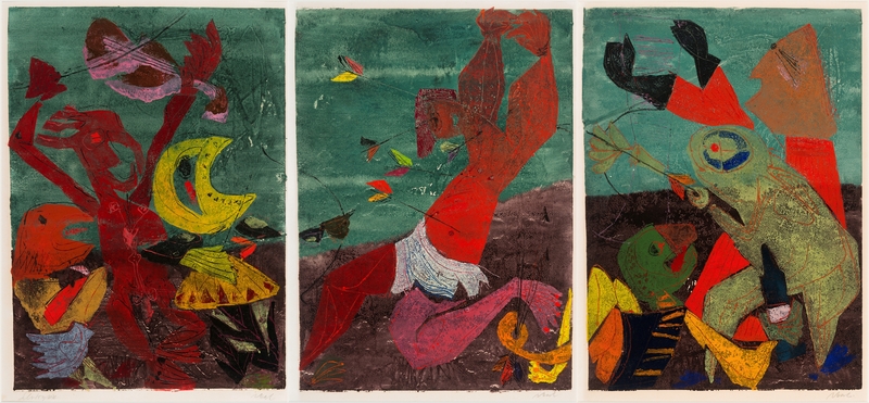 Rolf Nesch: St. Sebastian (1941), metalltrykk på papir, 3 á 60 x 44 cm. Foto: Dag Fosse / Kode. © Rolf Nesch / BONO