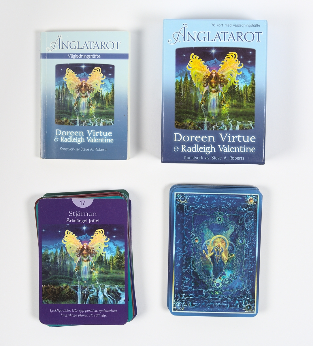 Tarotkortlek (Änglatarot) med tillhörande kartong och instruktionsbok. Kortleken består av 78 stycken illustrerade kort. Korten är tillverkade av papper förstärkt med syntetisk film.