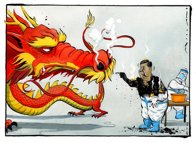 Satiretegning av Morten Mørland, gicléettrykk i opplag på 10. Opprinnelig trykket i The Times & Sunday Times i 2022, og vist i utstilling i MiA - Avistegnernes hus i 2023.