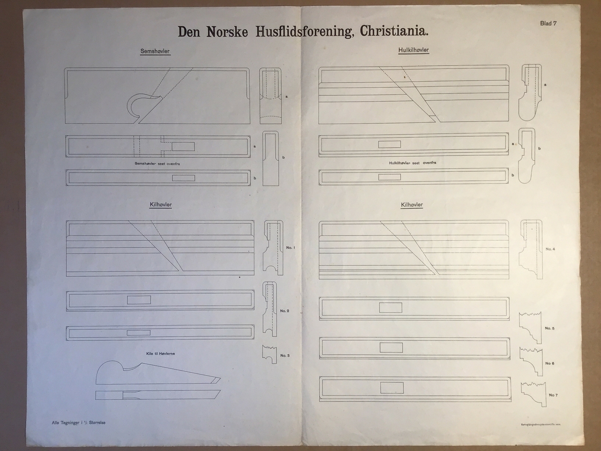 Ark med arbeidsteikning til bruk i undervisning. Dette eksemplaret viser "Semshøvler", "Hullkilhøvler" og " Kilhøvler".

Del av mappe med arbeidsteikninar brukt i undervisninga.  Mappa inneheld  teikningar av ulike kjøkengjenstandar som til dømes hyller, kjevler og krakk. Opprinneleg har det vore 13 ark med teikningar men det vantar nokre av dei originale.  Det er og lagt til nyare  og eldre ark med teikningar i mappa. Nokre av arka som er i mappa pr no er eldre utgåver som nok har vore i ei eiga mappe opprinneleg. Desse er merka med Den Norske Husflidsforening Christiania og er teikningar av  ulike verktøy.
Mappa inneheld totalt 32 ark.