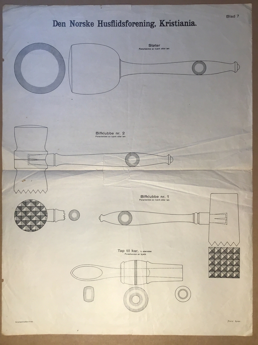 Ark med arbeidsteikning til bruk i undervisning. Dette eksemplaret viser; Støter, Biffklubbe nr 1, Biffklubbe nr 2 og Tap til kar.

Del av mappe med arbeidsteikninar brukt i undervisninga.  Mappa inneheld  teikningar av ulike kjøkengjenstandar som til dømes hyller, kjevler og krakk. Opprinneleg har det vore 13 ark med teikningar men det vantar nokre av dei originale.  Det er og lagt til nyare  og eldre ark med teikningar i mappa. Nokre av arka som er i mappa pr no er eldre utgåver som nok har vore i ei eiga mappe opprinneleg. Desse er merka med Den Norske Husflidsforening Christiania og er teikningar av  ulike verktøy.
Mappa inneheld totalt 32 ark.
