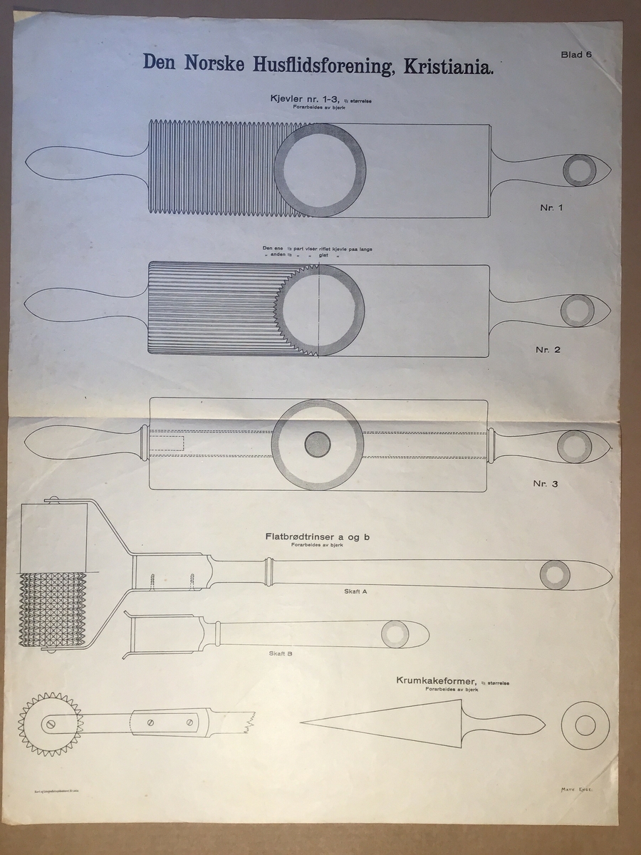 Ark med arbeidsteikning til bruk i undervisning. Dette eksemplaret viser; kjevler 1 - 3, flatbrødtrinser a og b og krumkakeformer.

Del av mappe med arbeidsteikninar brukt i undervisninga.  Mappa inneheld  teikningar av ulike kjøkengjenstandar som til dømes hyller, kjevler og krakk. Opprinneleg har det vore 13 ark med teikningar men det vantar nokre av dei originale.  Det er og lagt til nyare  og eldre ark med teikningar i mappa. Nokre av arka som er i mappa pr no er eldre utgåver som nok har vore i ei eiga mappe opprinneleg. Desse er merka med Den Norske Husflidsforening Christiania og er teikningar av  ulike verktøy.
Mappa inneheld totalt 32 ark.
