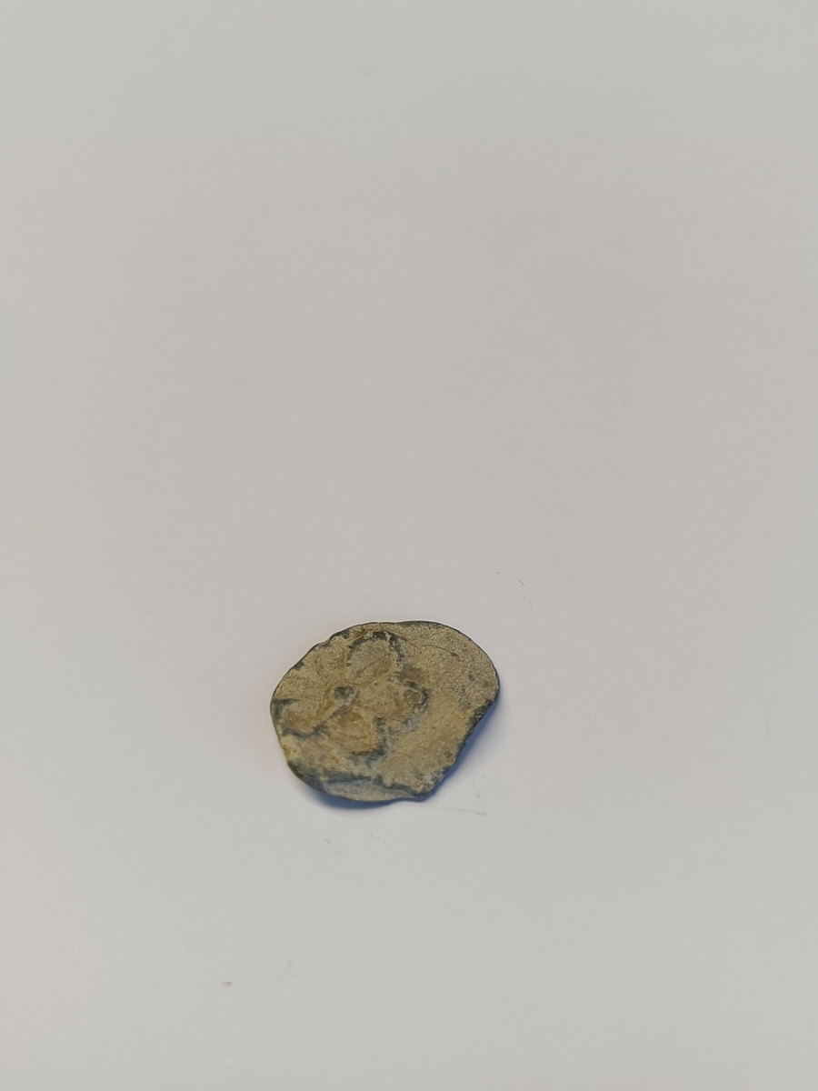 En bit av en metallplate med bruddflater som viser preg av en 6-bladet blomst i den ene enden. Dette kan være et uferdig beslag.