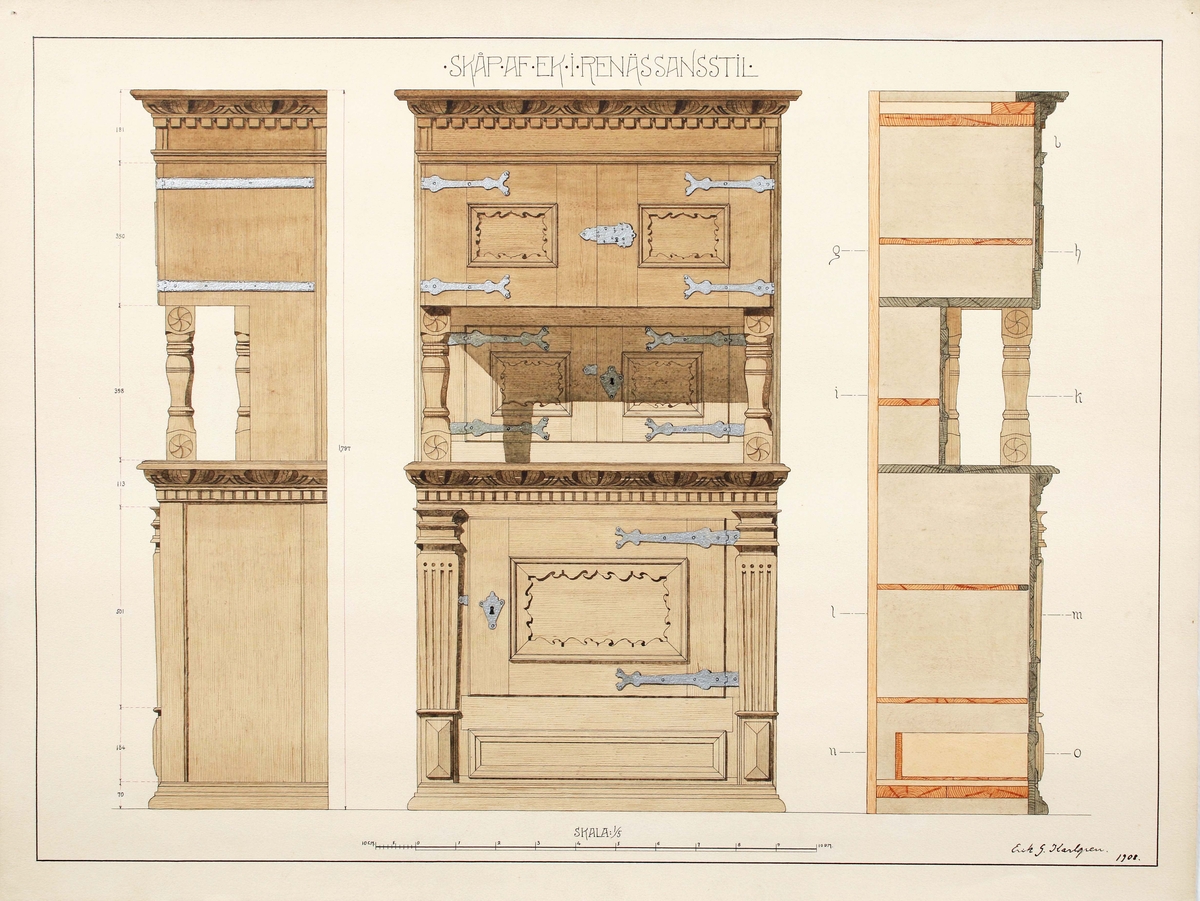 Tre detaljerade ritningar av "renässanskåp i ek". Delvis färglagda. Skala: 1/5. Tillverkade år 1908 av, arkitekt Erik Gillis, Karlgren, Borås. Se skåp BM 3402:1

Ritning efter Renässansskåp från slutet av 1600-talet eller 1700-talets första hälft.

Äldre historik:
Erik G. Karlgren, beundrade skåpet och fick i uppdrag att göra ritningar, för eventuell nyproduktion. (Gunnar Blomgren, museichef)