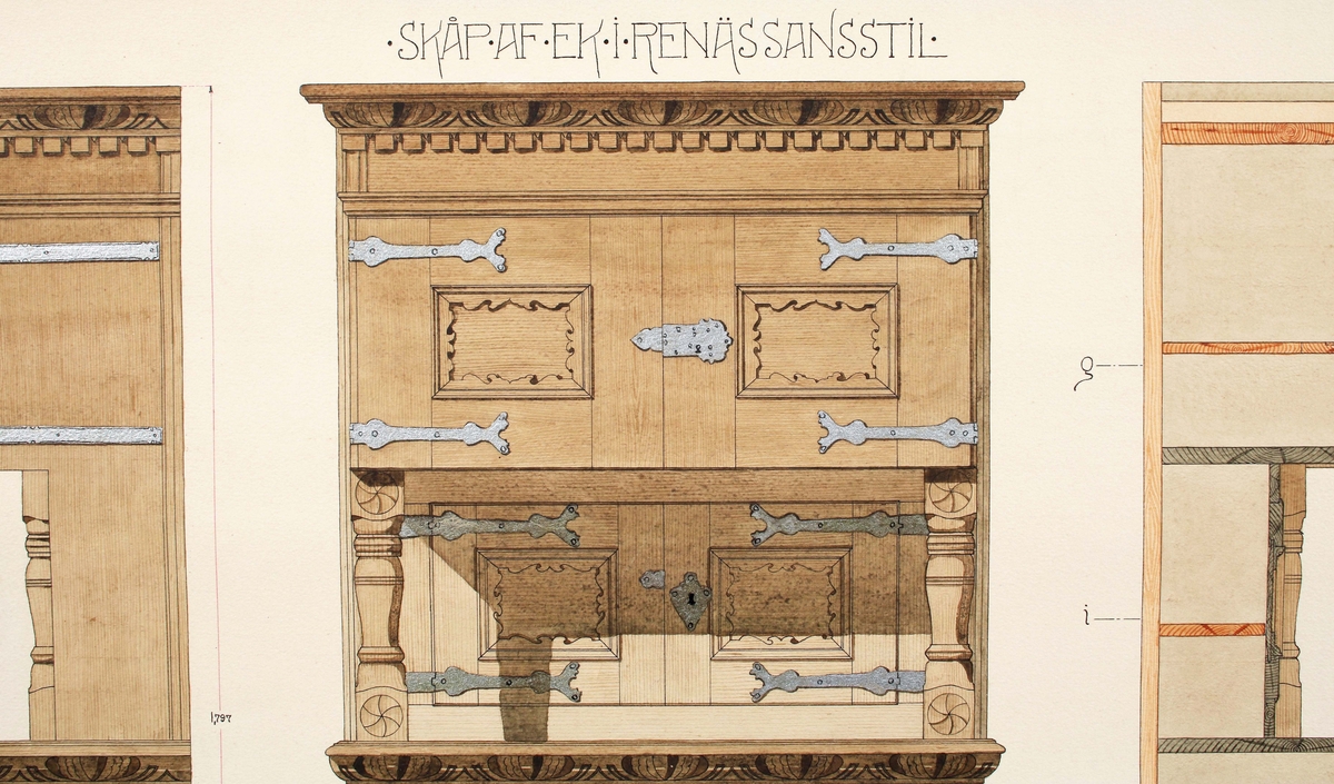 Tre detaljerade ritningar av "renässanskåp i ek". Delvis färglagda. Skala: 1/5. Tillverkade år 1908 av, arkitekt Erik Gillis, Karlgren, Borås. Se skåp BM 3402:1

Ritning efter Renässansskåp från slutet av 1600-talet eller 1700-talets första hälft.

Äldre historik:
Erik G. Karlgren, beundrade skåpet och fick i uppdrag att göra ritningar, för eventuell nyproduktion. (Gunnar Blomgren, museichef)