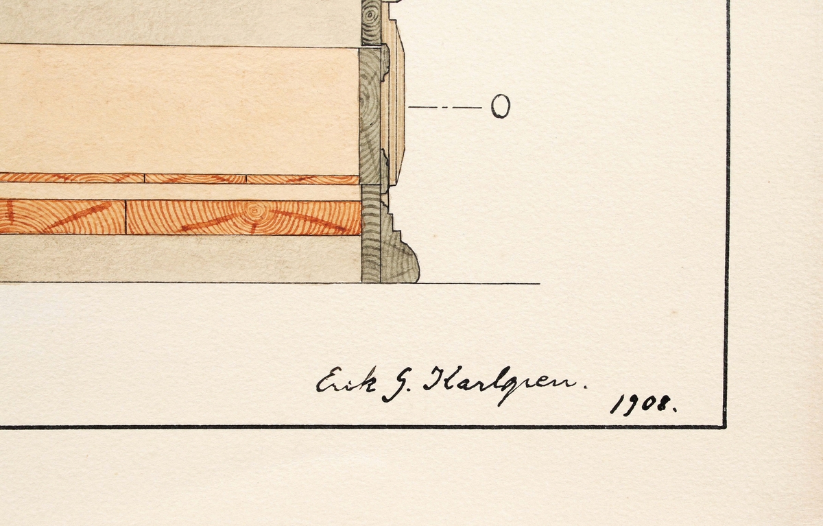 Tre detaljerade ritningar av "renässanskåp i ek". Delvis färglagda. Skala: 1/5. Tillverkade år 1908 av, arkitekt Erik Gillis, Karlgren, Borås. Se skåp BM 3402:1

Ritning efter Renässansskåp från slutet av 1600-talet eller 1700-talets första hälft.

Äldre historik:
Erik G. Karlgren, beundrade skåpet och fick i uppdrag att göra ritningar, för eventuell nyproduktion. (Gunnar Blomgren, museichef)