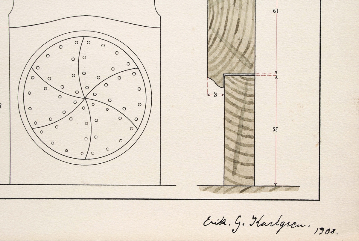 Tre detaljerade ritningar av "renässanskåp i ek". Delvis färglagda. Skala: 1/5. Tillverkade år 1908 av, arkitekt Erik Gillis, Karlgren, Borås. Se skåp BM 3402:1

Ritning efter Renässansskåp från slutet av 1600-talet eller 1700-talets första hälft.

Äldre historik:
Erik G. Karlgren, beundrade skåpet och fick i uppdrag att göra ritningar, för eventuell nyproduktion. (Gunnar Blomgren, museichef)