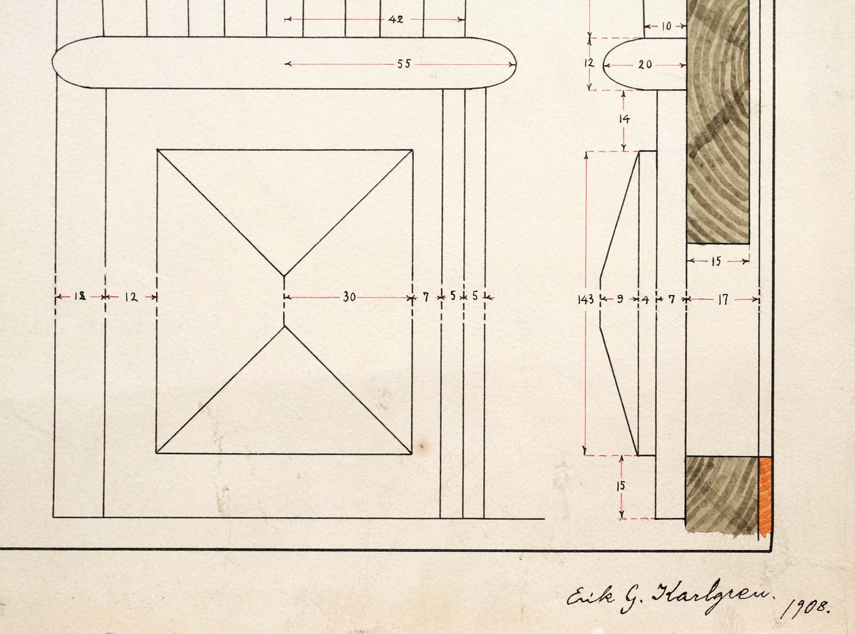 Tre detaljerade ritningar av "renässanskåp i ek". Delvis färglagda. Skala: 1/5. Tillverkade år 1908 av, arkitekt Erik Gillis, Karlgren, Borås. Se skåp BM 3402:1

Ritning efter Renässansskåp från slutet av 1600-talet eller 1700-talets första hälft.

Äldre historik:
Erik G. Karlgren, beundrade skåpet och fick i uppdrag att göra ritningar, för eventuell nyproduktion. (Gunnar Blomgren, museichef)