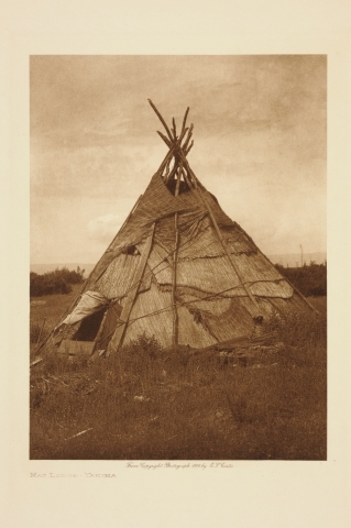 En Yakima-tipi dekket med sivmatter reist i steppelandskapet, Washington. 