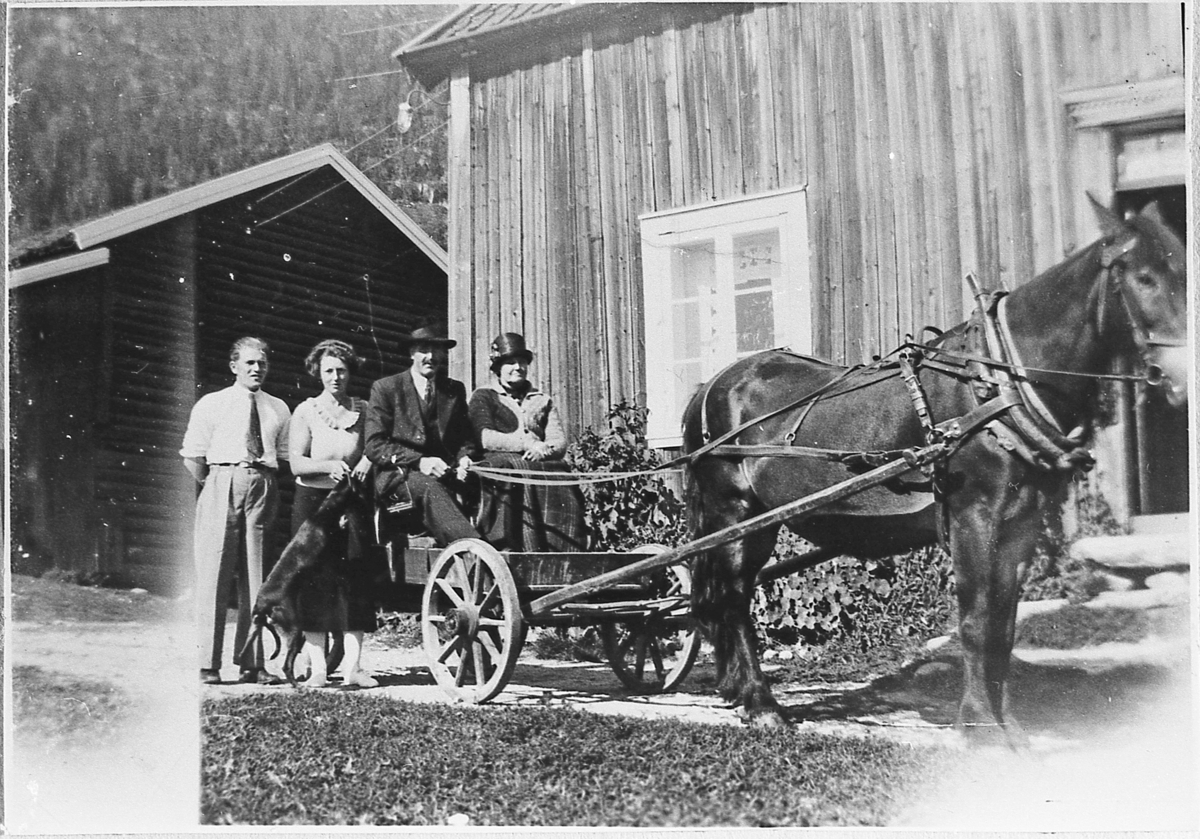 Hestevogn på Flågan, 1935. Fra venstre: Ola og Klara Halstenrud stående, Bjørn og Helga Haga sittende i vogna.