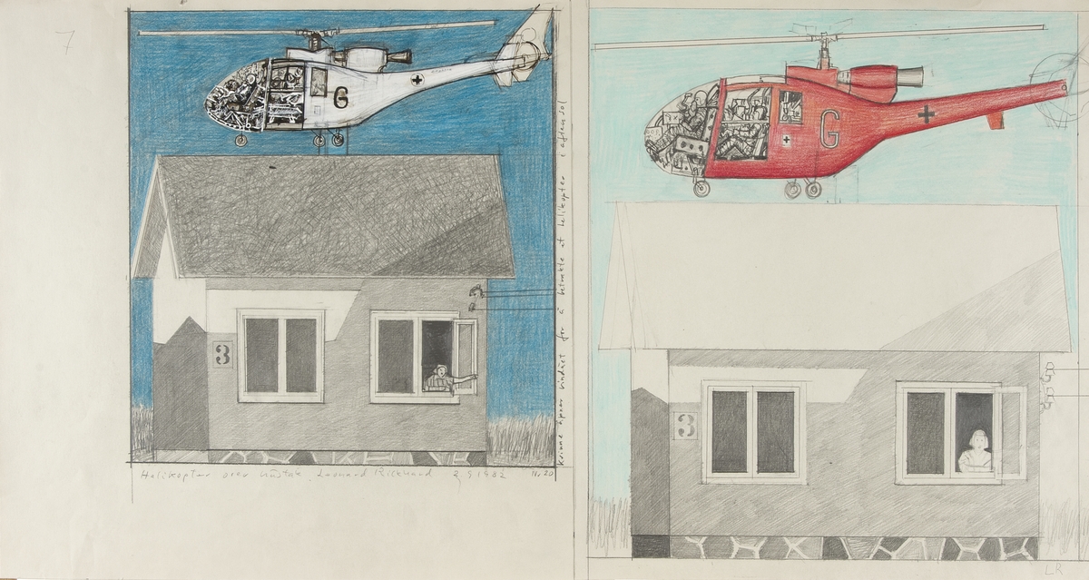 Helikopter over hustak og Kvinne åpner vindu for å betrakte et helikopter [Tegning]