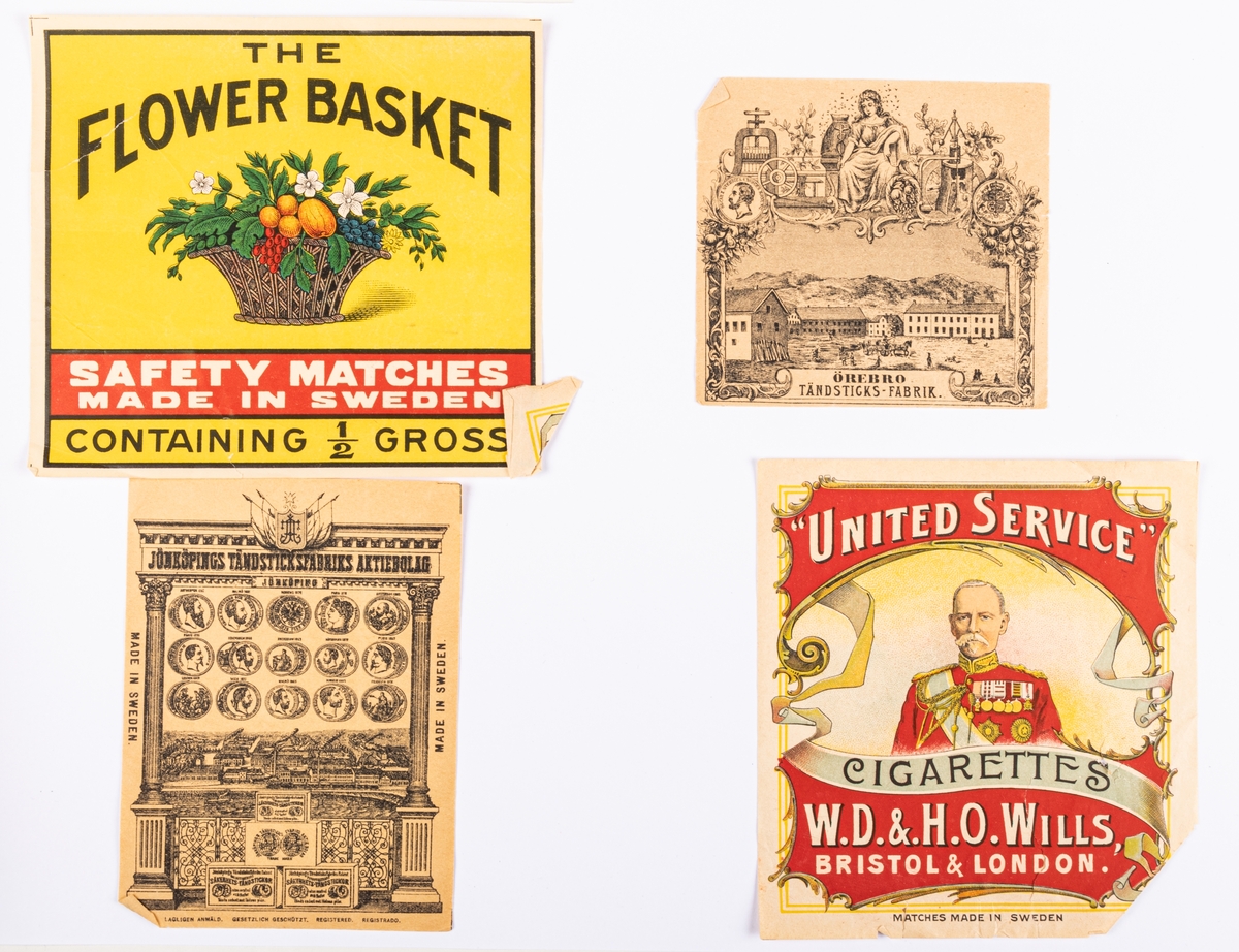 Samling med tändsticksetiketter i papper, huvudsakligen från Sverige från tiden runt sekelskiftet 1900.