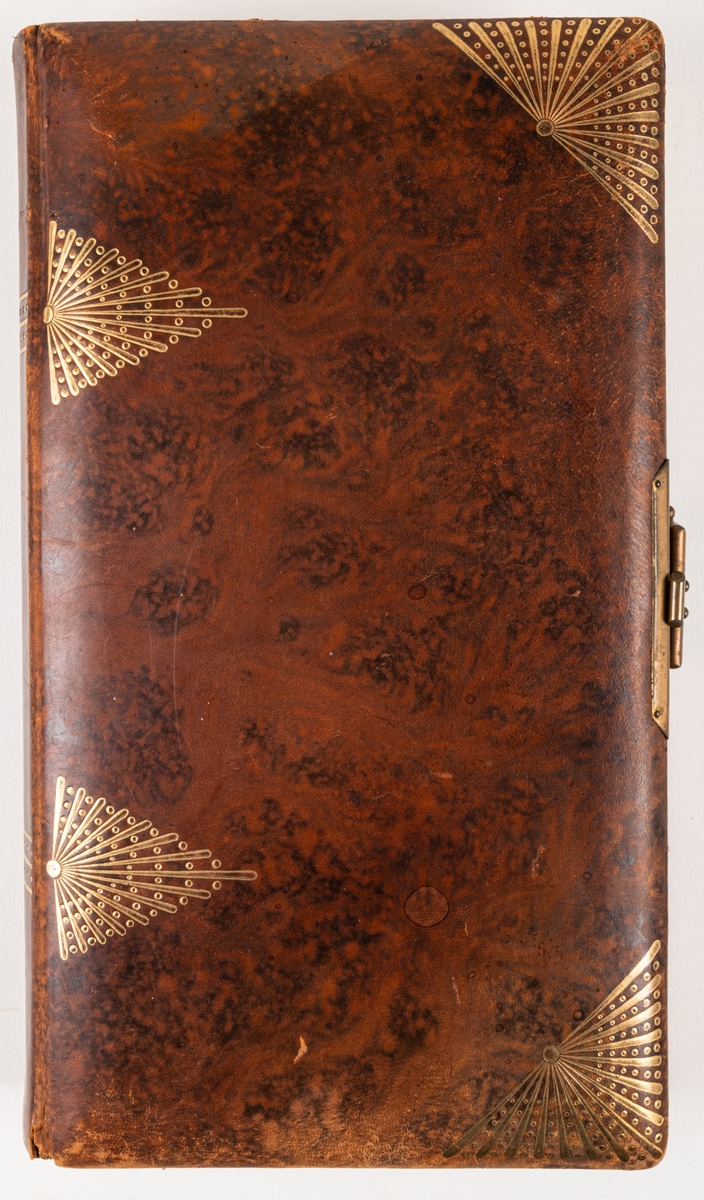 Visitkortsalbum, typ helfranskt av mörkbrunt spräckligt läder. Guldförgyllda bladkanter och stråkransornament. Ornamenten har formen av trianglar på bak och framsida, blindpressning. Låsanordning mellan pärmarna av mässing. De tjocka bladen i albumet har fält utstansade i olika storlekar och former, inramade med en rand och list, i vilken visitkortet skall sitta.