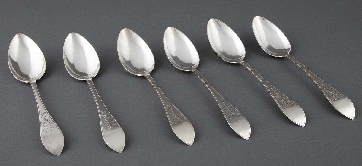 Seks like spiseskjeer i sølv. Skjebladet er spisst og eggformet. Flat skaft med spiss avslutning. Enkel gravyr med blomsterranke og prikkebord.