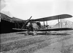 Brittiskt flygplan Bristol Fighter märkt G-EBGF vid tälthangarer på Internationella luftfartsutställningen i Göteborg (ILUG) på Torslanda 1923.