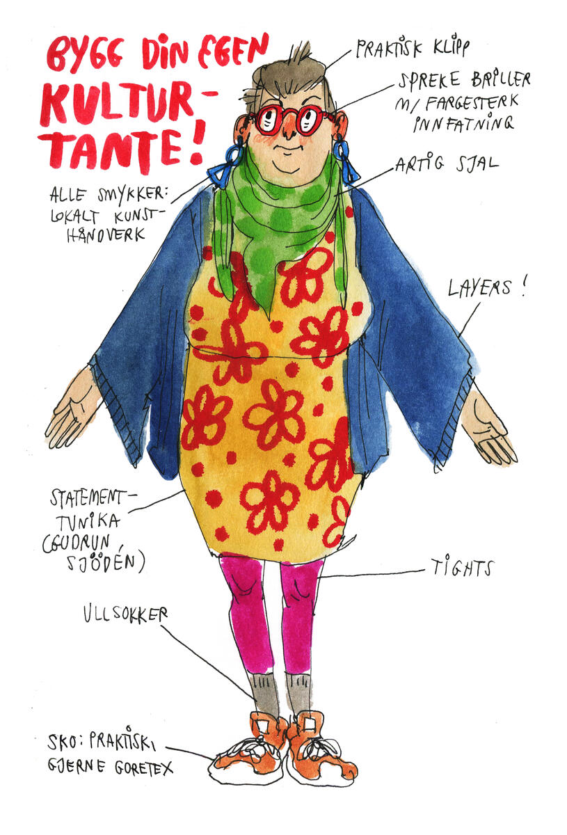 Tegning av en Kulturtante, med beskrivende piler til alt som kjennetegner henne: praktisk klipp, spreke briller, artig sjal osv osv