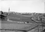 Ett sällan sett panorama mot Linköping. Vy mot norr från fotografens bostad utmed Djurgårdsgatan. Året är 1903 och ännu kallar man den ringlande leden Djurgårdsvägen. Närmast till höger växer arbetarstadsdelen Stolplyckan fram med enkla bostäder för att möta tidens stora inflyttningen till staden. Stadsjorden till vänster är som synes närmast obebyggd och brukas ännu på lantmannavis. I fonden själva staden med ett antal igenkännbara byggnader.