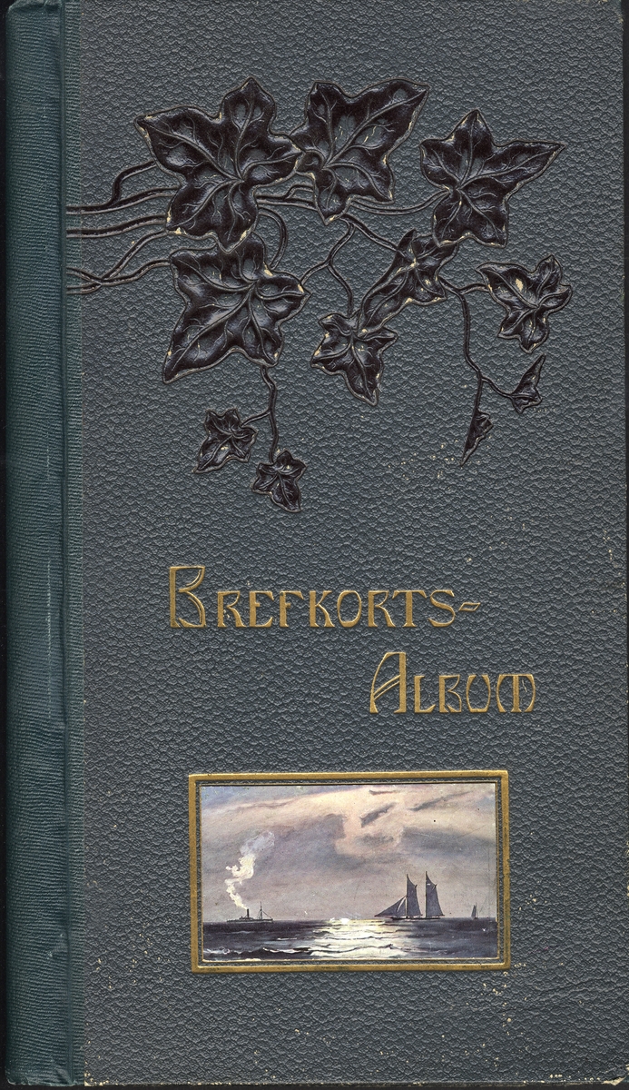 "Brefkorts-Album" från ca 1910-1915. Ett vykortsalbum med mörkgröna pärmar, dekorerad på framsidan med 
murgrönsblad i relief och nederst ett havsmotiv med några fartyg inom bronserad ram. Albumet innehåller 
35 st vykort (på insticksblad), fördelade på diverse motiv, bl a julkort och vyer från diverse städer och sevärdheter.