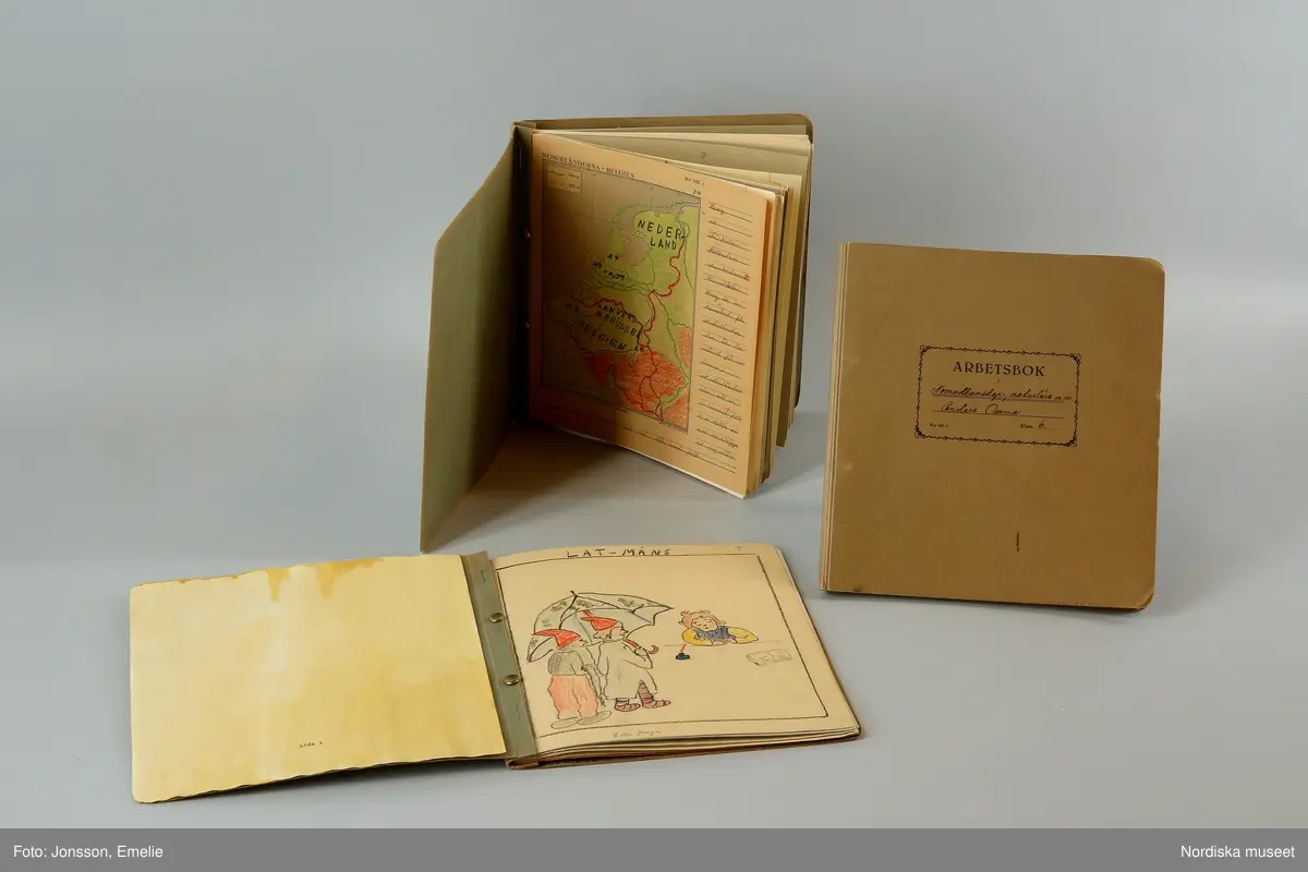 Huvudliggaren:
"+ Arbetsböcker, 8 st, gröngrå pappomslag; ämnen Hembygdskunskap, nomadkunskap, naturlära, geografi, historia; årtal 1939; namn på framsidan: 'Anna Maria Ponga, Johannes Nutti, Lars Tomma, Nils Henrik Valksapää, Nils Anders Ponga, Ella Ponga, Ola Blind, Anders Omma'. G[åva] 1/7 1966 [av] Svenska Skolmuseet, Stockholm."