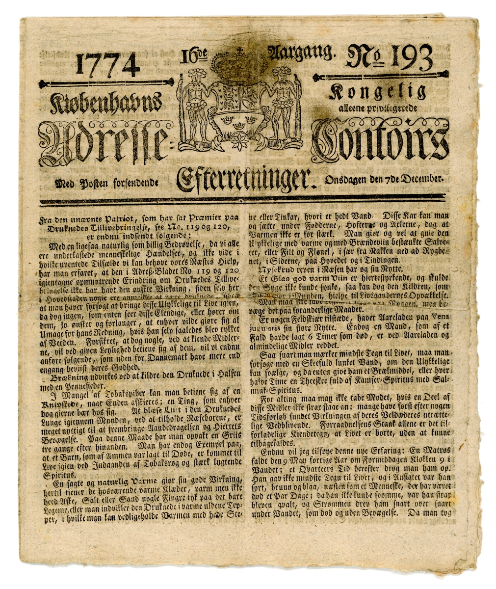 Eksemplar av avisen for 7. desember 1774. Består av 1 dobbeltfalset ark (8 sider) med trykk i fraktur.