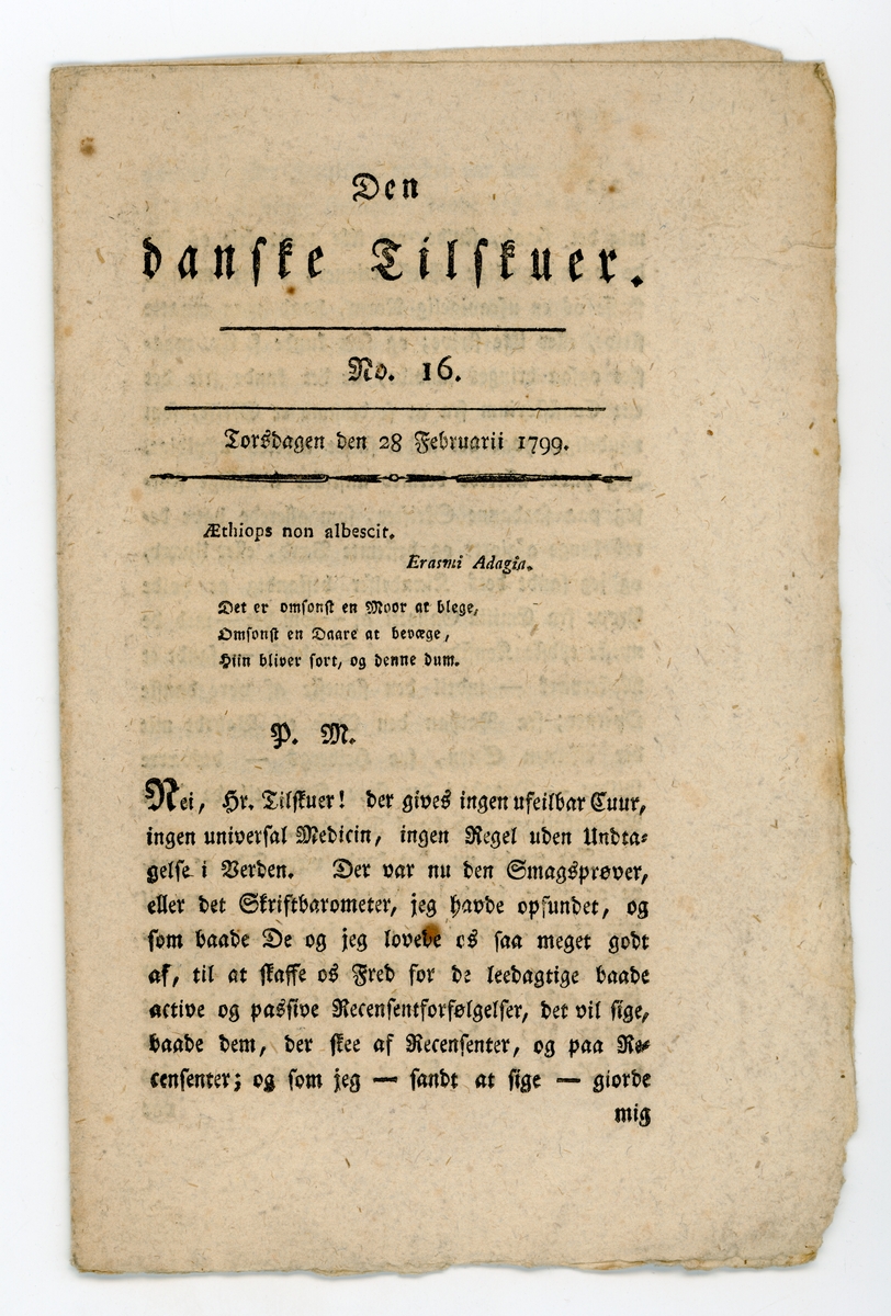 Fire eksemplarer av tidsskriftet Den Danske Tilskuer fra januar og februar 1799. Alle består av 1 dobbelt- eller tredobbelt falset ark (8 eller 16 sider) trykt i fraktur.