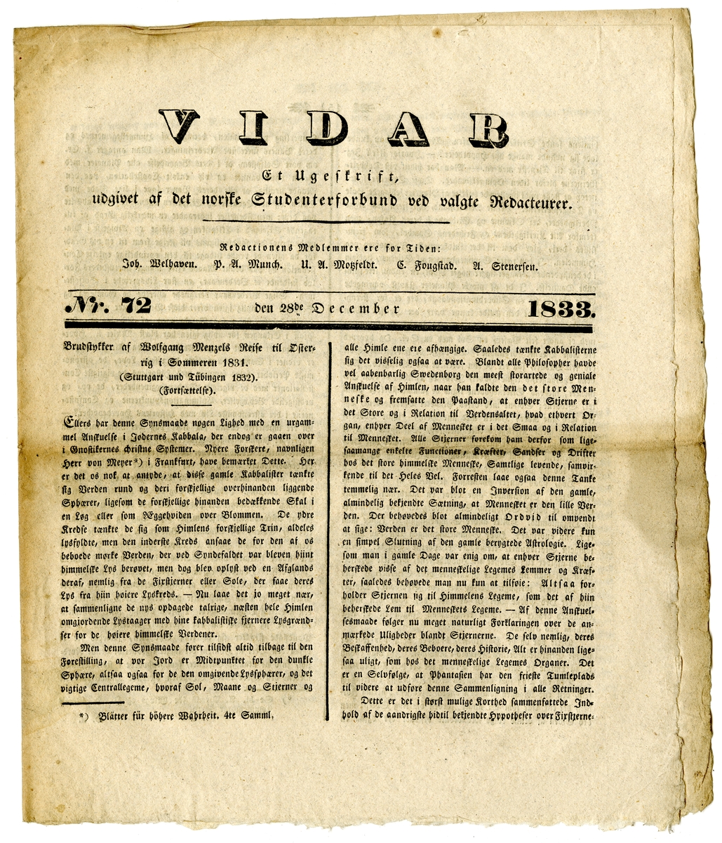 12 eksemplarer av studenttidsskriftet Vidar fra oktober 1833 til juli 1834. Alle består av et dobbeltfalset ark (8 sider) trykt med fraktur.