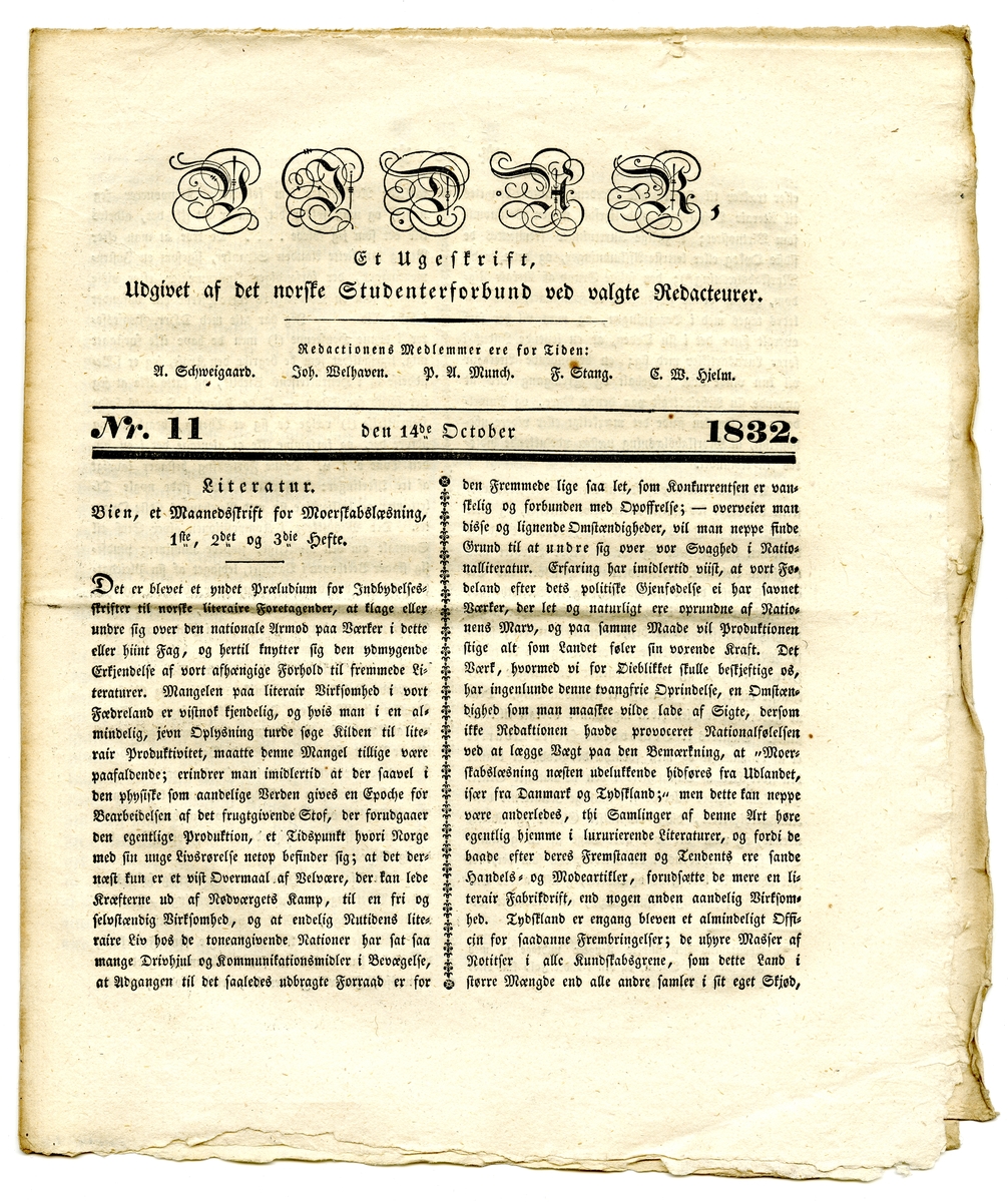 13 eksemplarer av studenttidsskriftet Vidar fra august til november 1832. Alle består av et dobbeltfalset ark (8 sider) trykt med fraktur.