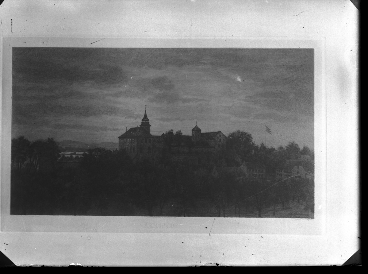 Fotografi av tegning. Motivet er Akershus festning.