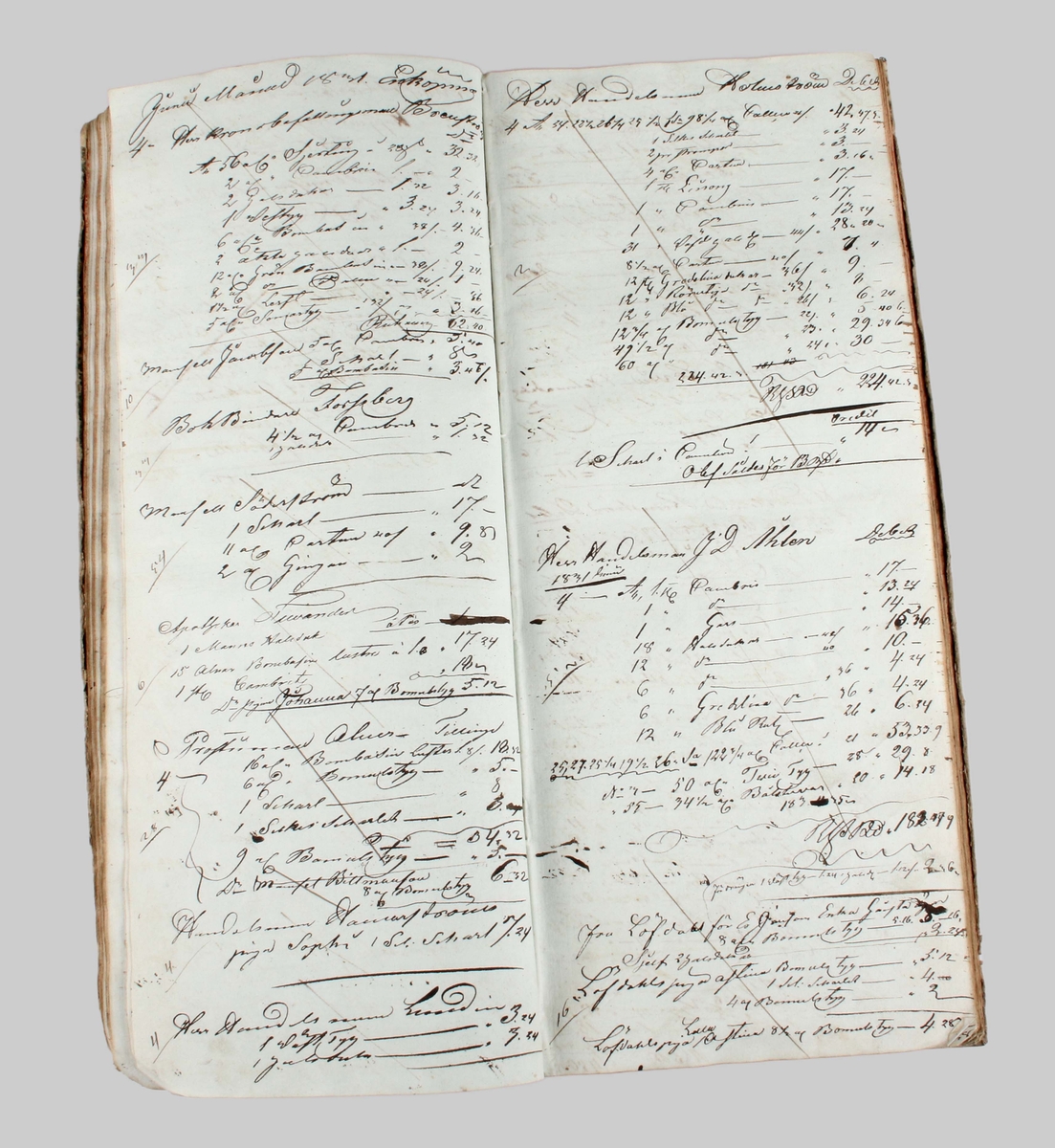 Räkenskapsbok, avlång och smal, från år 1831-1832. Tillhört en handlare vid namn "H. Redlund".

Pappband. Fram- och baksida i blågrått, melerat papper. Ryggen klädd med vitt textilmaterial. Bladen på insidan gråblåa, med anteckningar av diverse namn och siffror. Proveniens Hans Nelsson, köpman (1785-1856).

Bruks- och åldersslitage.

Äldre historik:
Nellsonska huset byggdes 1837 och revs 1908. På tomten byggdes nuvarande rådhuset.

Bondpojken som blev Borås rikaste man.

Hans Nilsson föddes i Kovra i Toarps socken 1785. Hans föräldrar var bönder och troligen fick han aldrig någon skolgång. Redan vid unga år började Hans vandra på vägarna som gårdfarihandlare eller handelsdräng. 

1814 flyttade han till Borås och tog då namnet Nellson, förmodligen efter den då populäre lord Nelson som segrade vid Trafalgar. Nellson lämnade tidigt gårdfarihandeln och blev istället grosshandlare. Han sålde textilier till köpmän över hela landet och blev snart en av stadens förmögnaste invånare. Textilierna kom inte bara från Sjuhäradsbygden utan från hela landet. Nellson handlade även med utländska tyger. En del menade att det var ”smuggeltyger” som byggt hans förmögenhet. 

Vid sidan om handeln bedrev han även en stor låneverksamhet och var en fruktad fordringsägare. Vid hans bouppteckning fanns såväl biskopen i Skara och landshövdingen i Vänersborg bland alla de skuldsatta låntagarna.

År 1834 lät Hans Nellson uppföra ett stort stenhus i två våningar vid Stora Torget. Byggnaden innehöll både bostad, kontor och lager. Husets storlek och den lyxiga inredningen fick nog många att höja på ögonbrynen. Vid kungabesök fick kungligheterna bo i det Nellsonska huset med Hans Nellson som värd. Sängen BM 29179, har stått i det huset och i den sägs kungarna Oscar I, Karl XV och Gustav V (som kronprins) ha sovit då de besökte Borås. Byggnaden revs 1908 för att ge plats åt det nya rådhuset.

Ada Damm har gett en levande beskrivning av det Nellsonska huset:

”Bland alla sin tids boråsare ägde Hans Nellson det dyrbaraste boet. Han hade den goda smaken att ta råd av folk med säker möbelsmak och fick också ett utsökt inrett hem, i vilket han själv dock mest beundrade de grant bemålade rullgardinerna och ett mekaniskt matbord. Kalasen 
hos Nellson voro oöverträffade i frågan om präktighet. Men värden själv syntes förlägen, han hade ännu ej hunnit vänja sig vid all elegans. Några år senare hade han vunnit all önskvärd pondus och kunde öva värdskap för Oskar I, då kungen gästade Borås.”