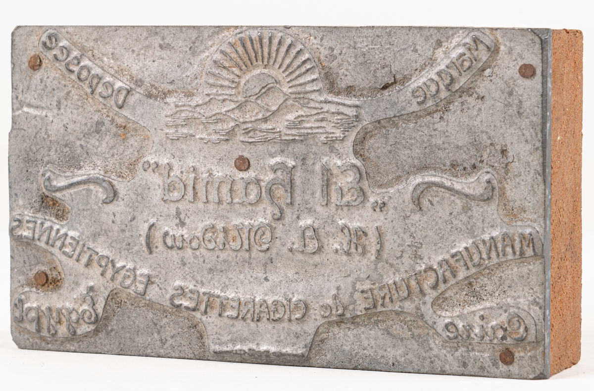 3 klichéer för etikett till egyptiska cigaretter vid namn "El Hamid" fransk text. 3 stycken.