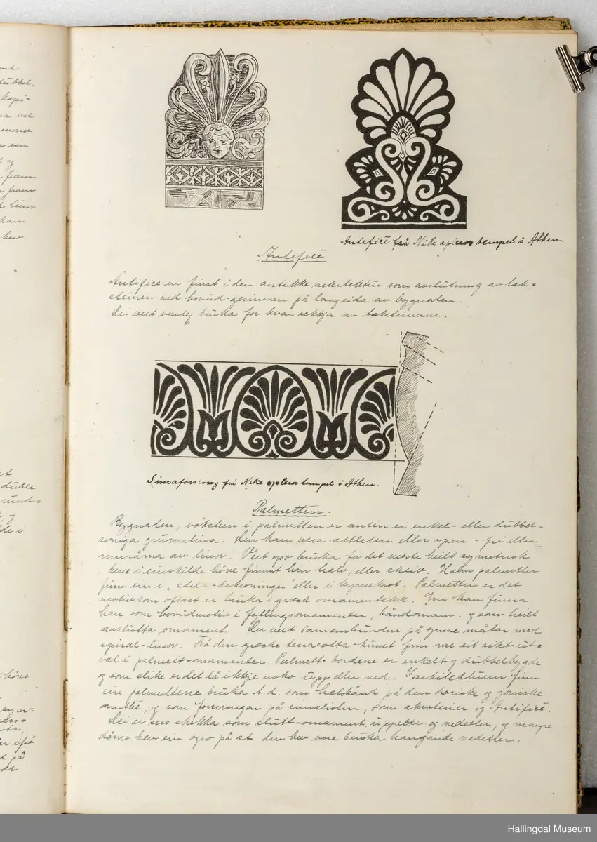 Skrivebok eller tegnebok, tilhørt Gunnar Gunnarson (1906 - 1953), kunstsmed som holdt til i Hol kommune. Boka er innbundet i bokpapp med sort og gult-mønstrete cover med sort rygg. Innbindingen er løs og går i oppløsning i ryggen. Innsiden av coveret har hvitt og gult papir med konglemønster og barnåler. Opprinnelig blanke, hvite sider i tykt ark, nærmest akvarellpapir, skrevet og tegnet med blekk.
Trolig skolebok/notatbok fra da Gunnar Gunnarson gikk på Norsk Kunsthandverksskule på Voss. Inneholder håndskrevne tekster og notater i tillegg til detaljerte illustrasjoner om ornamentlære, fargelære og prydkunstlære i norsk folkekunst, i tillegg til mer. 46 sider er brukt.
