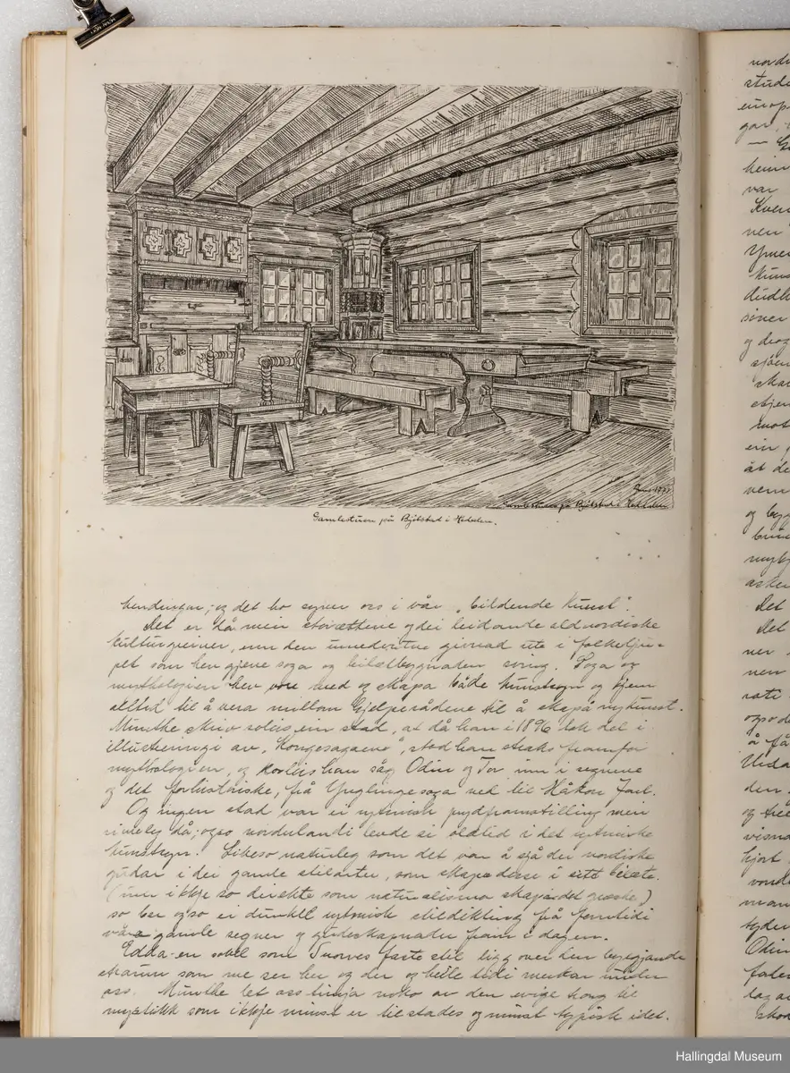 Skrivebok eller tegnebok, tilhørt Gunnar Gunnarson (1906 - 1953), kunstsmed som holdt til i Hol kommune. Boka er innbundet i bokpapp med sort og gult-mønstrete cover med sort rygg. Innbindingen er løs og går i oppløsning i ryggen. Innsiden av coveret har hvitt og gult papir med konglemønster og barnåler. Opprinnelig blanke, hvite sider i tykt ark, nærmest akvarellpapir, skrevet og tegnet med blekk.
Trolig skolebok/notatbok fra da Gunnar Gunnarson gikk på Norsk Kunsthandverksskule på Voss. Inneholder håndskrevne tekster og notater i tillegg til detaljerte illustrasjoner om ornamentlære, fargelære og prydkunstlære i norsk folkekunst, i tillegg til mer. 46 sider er brukt.