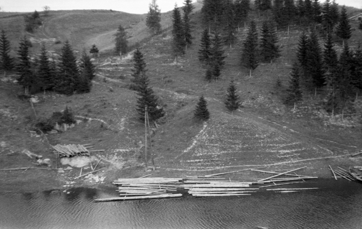 Søkketømmer som var hentet opp fra strandsona i innsjøen Øyeren etter at flommen i 1937 var gått tilbake. Dette var tømmer som var så fuktig etter å ha ligget lenge i fløtingsvassdraget at det sank. Når det kom til syne etter at vannstanden gikk ned, slik som på dette fotografiet, kunne det trekkes opp på land slik at det tørket litt og gjenvant flyteevnen. Deretter kunne det fløtes videre nedover vassdraget. Det året dette fotografiet ble tatt var det innmeldt 10 205 504 tømmerstokker til fløting i Glommavassdraget. Glomma fellesfløtingsforening foretok nøyaktige tellinger av det tømmeret som nådde fram til lensene nederst i vassdraget, og etter 1937-sesongen kunne organisasjonen konstatere at 639 315 stokker, drøyt 6 prosent, var «inneliggende». Dette dreide seg dels om søkketømmer, som vi ser på dette fotografiet, dels om virke det av andre grunner fortsatt lå igjen langs vassdraget.